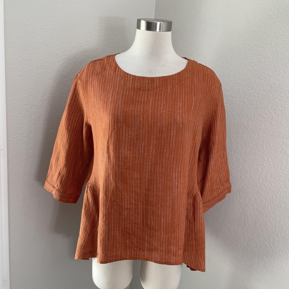 Lintico Shirt Womens Small Orange 100% Linen‎ 3/4 Sleeve High Low Tunic Top